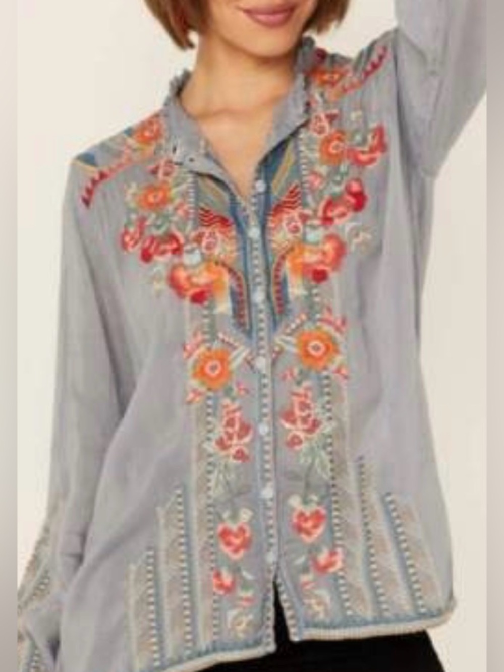 ANDREE BY UNIT Taupe Button-Down Shirt with Red & Yellow Floral Embroidery